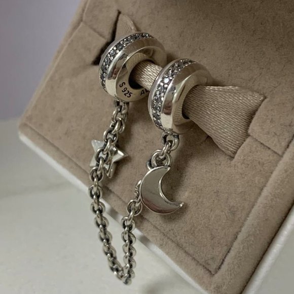 Pandora Half Moon and Star Safety Chain Charm - Picture 2 of 9